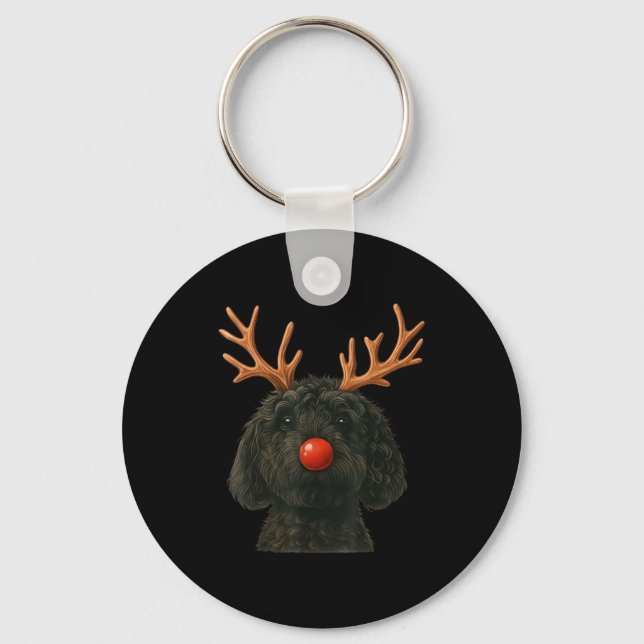 Porte-clés Black Goldendoodle Christmas Lights Santa Hat Blac (Recto)