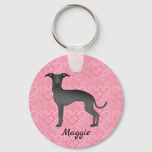 Porte-clés Black Italien Greyhound Cute Dog Sur Coeur Rose (Recto)
