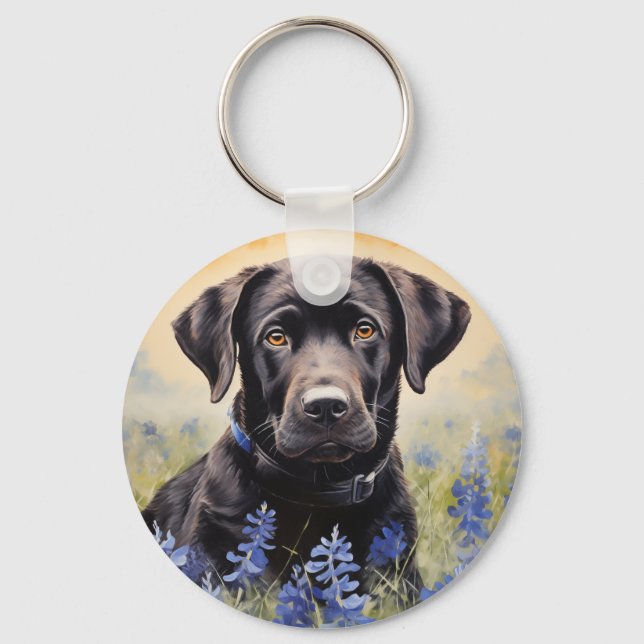 Porte-clés Black Labrador dans Bluebonnets (Recto)