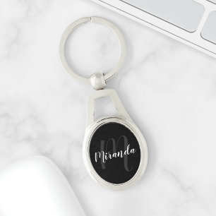 Porte-clés Black Modern Script Personnalisé Monogramme et nom