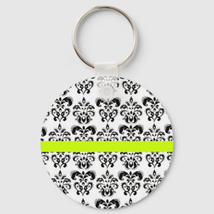 PORTE-CLÉS BLACK WHITE DAMASK FLORAL GREEN YELLOW STRIPE