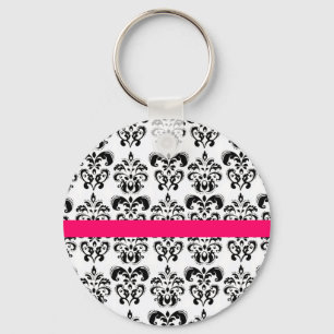 PORTE-CLÉS BLACK WHITE DAMASK FLORAL PINK FUCHSIA STRIPE