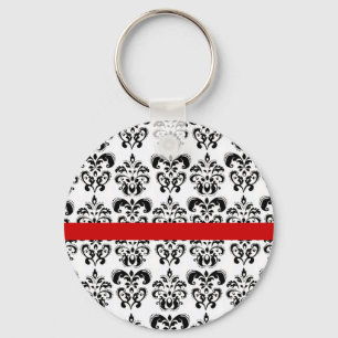 PORTE-CLÉS BLACK WHITE DAMASK FLORAL RED STRIPE