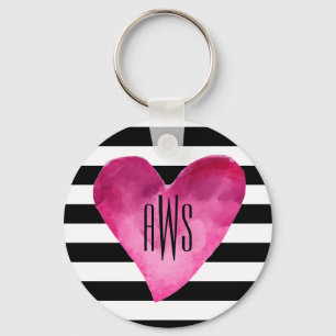 Porte-clés Black + White Stripes Aquarelle Monogramme du coeu