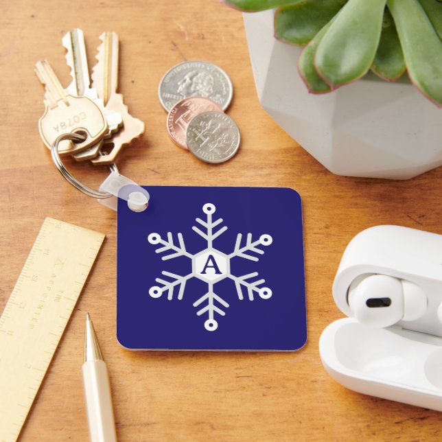 Porte-clés Blanc et flocon de neige argenté Noël Initial Bleu (Bureau)