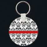 PORTE-CLÉS BLANC NOIR DOMMASQUE FLORAL RED STRIPE<br><div class="desc">Design élégant et classe de damas par Bulgan Lumini (c).</div>