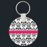 PORTE-CLÉS BLANC NOIR DOMMASQUE FLORALE ROSE FLORALE FUCHSIA<br><div class="desc">Design élégant et classe de damas par Bulgan Lumini (c).</div>