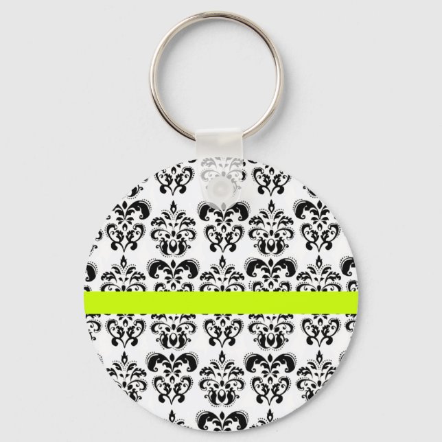 PORTE-CLÉS BLANC NOIR DOMMASQUE FLORALE VERT JAUNE FRIPE (Recto)