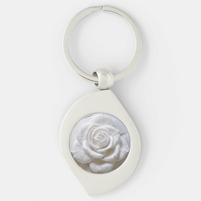 Porte-clés Blanc sur Blanc - Rose Sculptée (Devant)