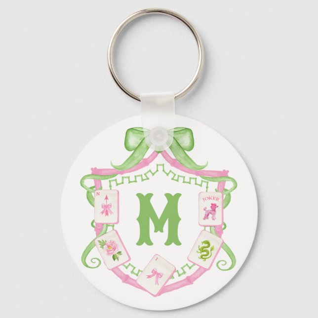 Porte-clés Blason de monogramme de mahjong à arc rose et vert (Recto)