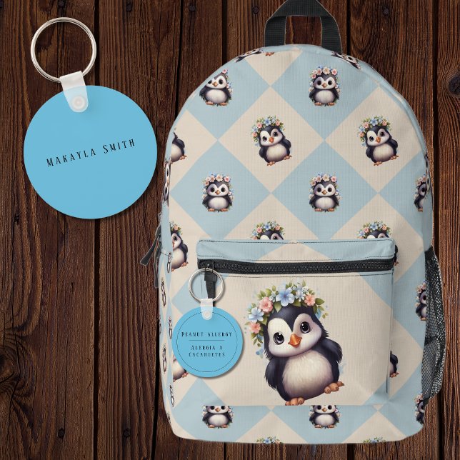 Porte-clés Bleu Bilingue Alerte d'allergie aux arachides Espa (Blue Bilingual Peanut Allergy Alert Custom name & Spanish text multilingual Project)