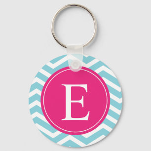 Porte-clés Bleu blanc Chevron rose clair Monogramme