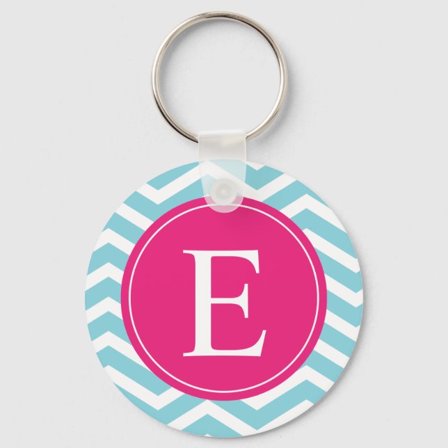 Porte-clés Bleu blanc Chevron rose clair Monogramme (Recto)