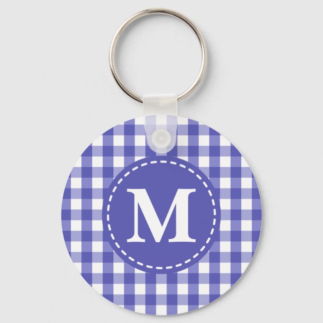 Porte-clés Bleu Blanc En vichy Vérifier Motif Monogramme (Recto)