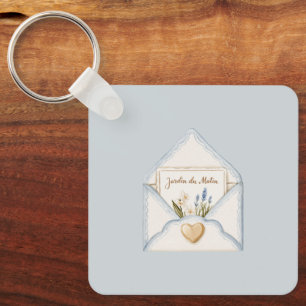 Porte-clés Bleu Clair Crème Enveloppe Cœur Floral Français  