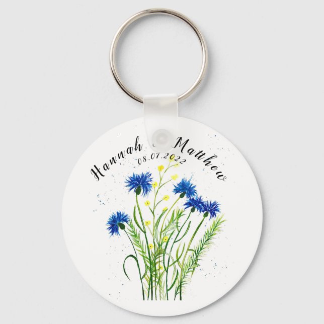 Porte-clés Bleu cornflowers aquarelle fleurie joli Mariage (Recto)