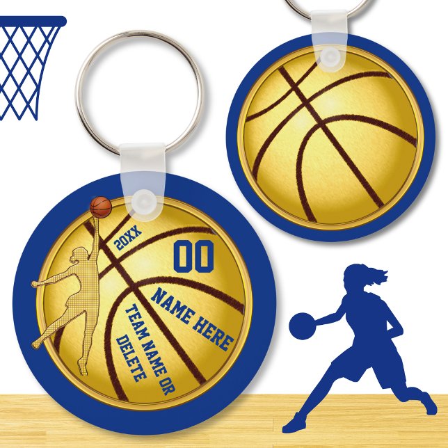Porte-clés Bleu et or, cadeaux bon marché pour les joueurs de (Basketball gifts for girl players. Blue and Gold, Cheap basketball gifts. Custom basketball keychain)
