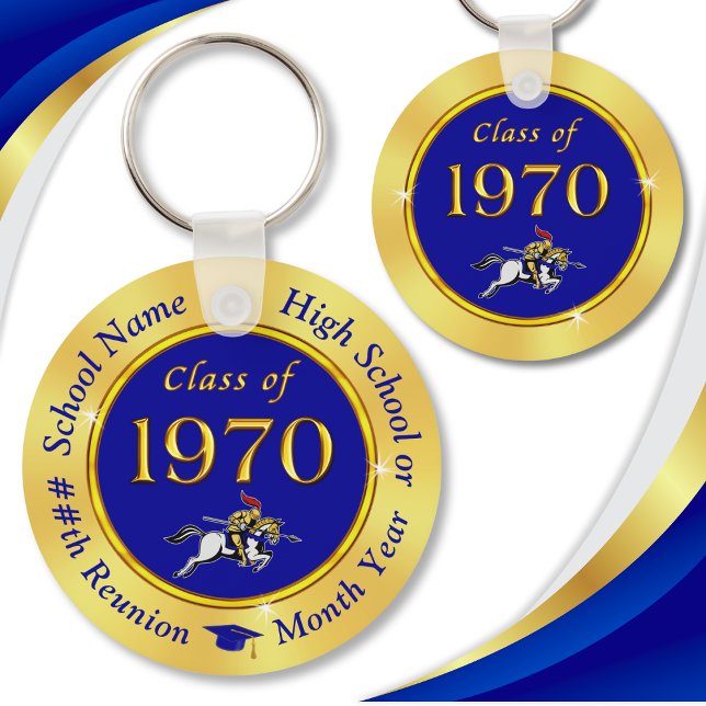 Porte-clés Bleu et or, Classe de Réunion 1970, Faveurs (Blue Gold, Knight on Horse, Class of 1970 Reunion, Party Favors. Cheap, Class of 70 ideas for gifts.)