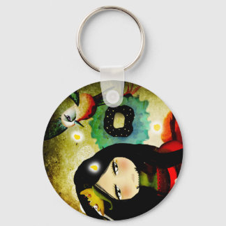 Porte-clés bleu foncé aqua coquelicot fille oiseau fleur vieu