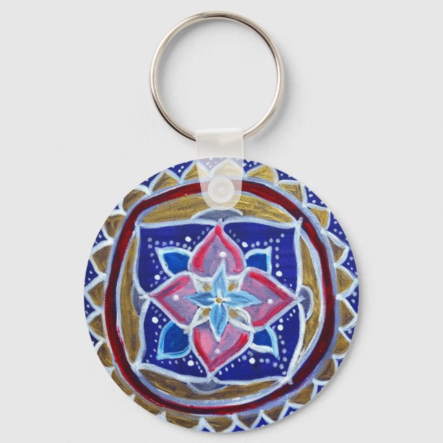 Porte-clés Bleu Gold Mandala 5,7 cm Bouton de base Cercle clé (Recto)