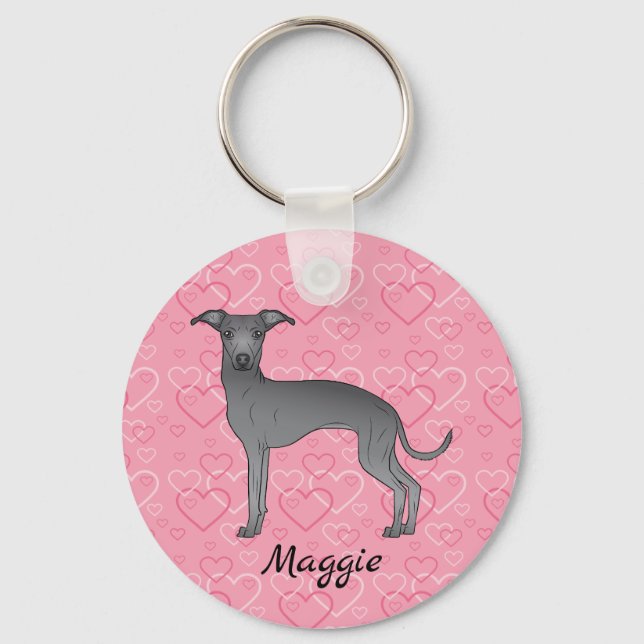 Porte-clés Bleu Italien Greyhound Chien mignon Sur Coeur Rose (Recto)
