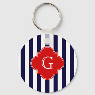 Porte-clés Bleu marine blanc rayure rouge quatrefeuille monog