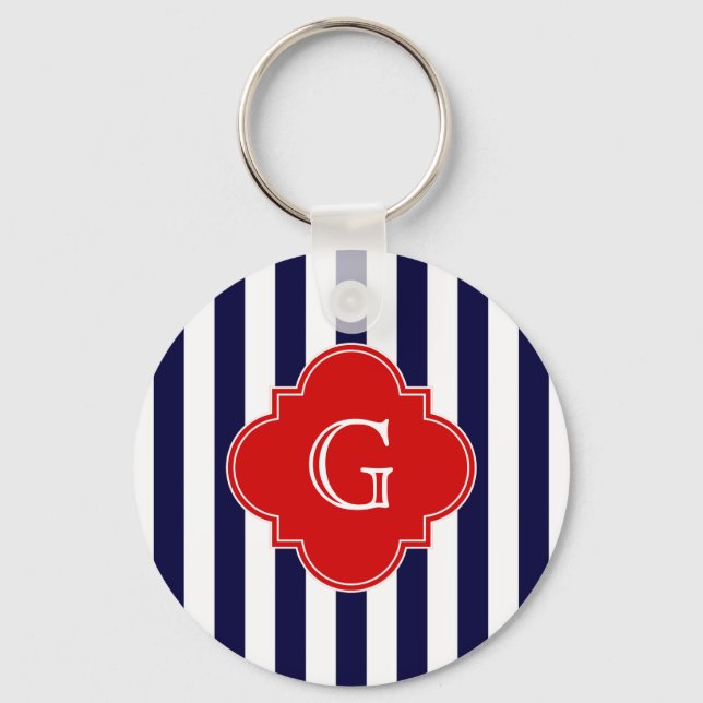 Porte-clés Bleu marine blanc rayure rouge quatrefeuille monog (Recto)