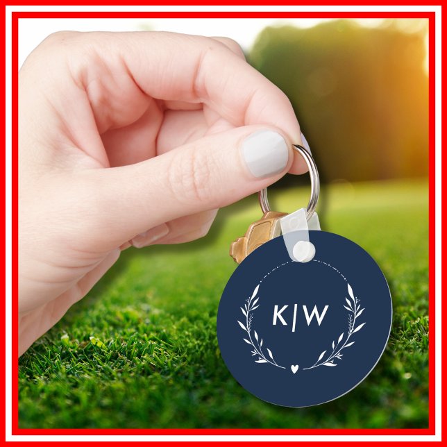 Porte-clés Bleu marine et blanc | Monogramme initiales modern (Navy Blue and White | Modern Initials Monogram Keychain)