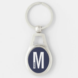 Porte-clés Bleu marine moderne personnalisé monogramme et nom