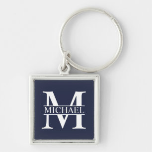Porte-clés Bleu Marine Monogramme et Nom Personnalisés