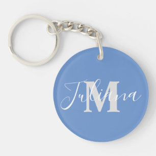 Porte-clés bleu monogrammé Simple Gray Script