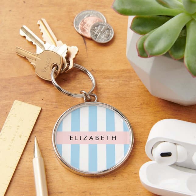 Porte-clés Bleu, Motif rayé, Lignes, Votre Nom (Bureau)
