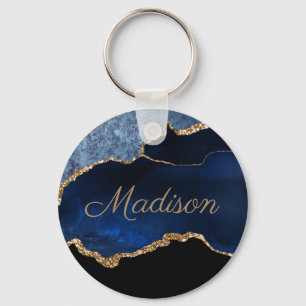 Porte-clés Bleu Nuit Moderne Or Marbre Paillettes Prénom