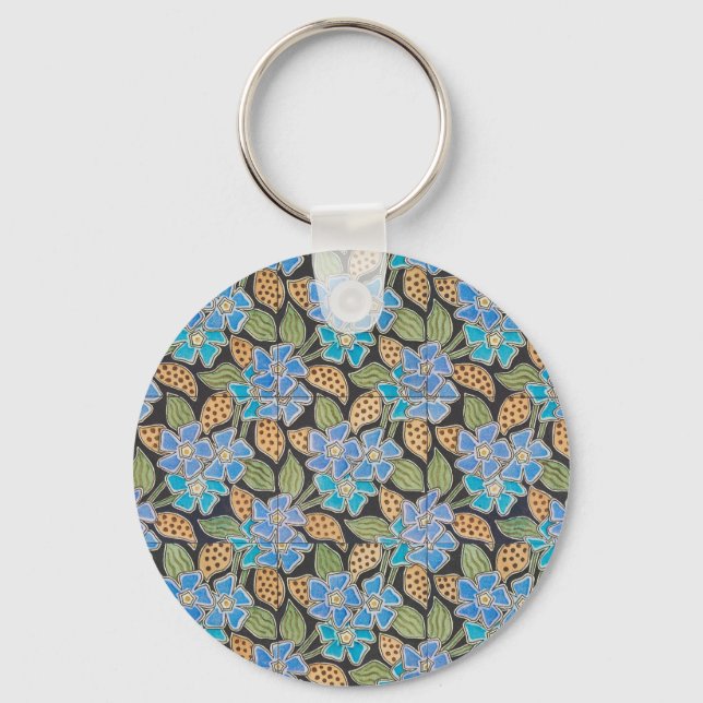 Porte-clés Bleu Orné Pervenche Floral Art Nouveau Classique (Recto)