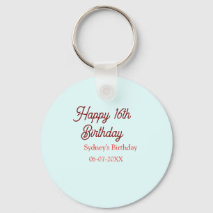 Porte-clés Bleu pastel rouge joyeux 16e anniversaire nom date