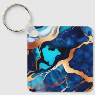 Porte-clés Bleu tendance en or faux marbre