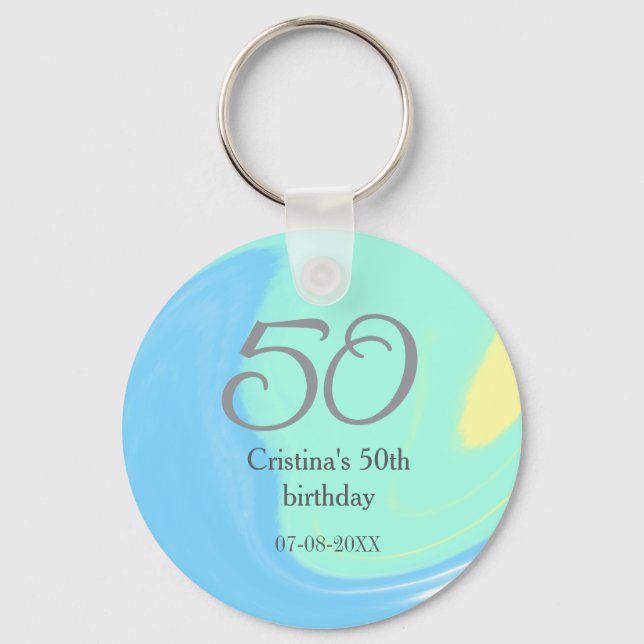 Porte-clés bleu vert gris 50e anniversaire ajouter nom date r (Recto)