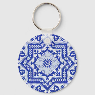 Porte-clés Blue Cracked Ceramic Style Azulejo Vintage