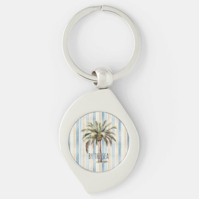 Porte-clés Blue Cream Stripes Tropical Palm Tree (Devant)