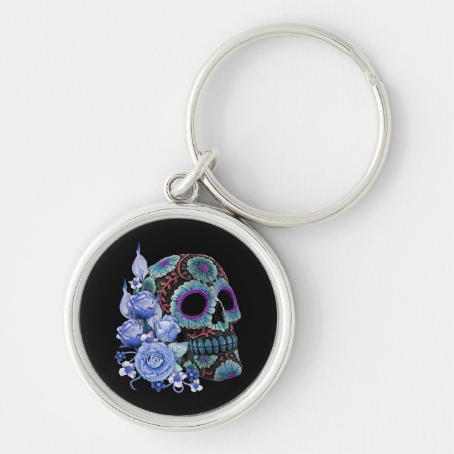 Porte-clés Blue Floral Black Sugar Skull Jour des morts (Devant)