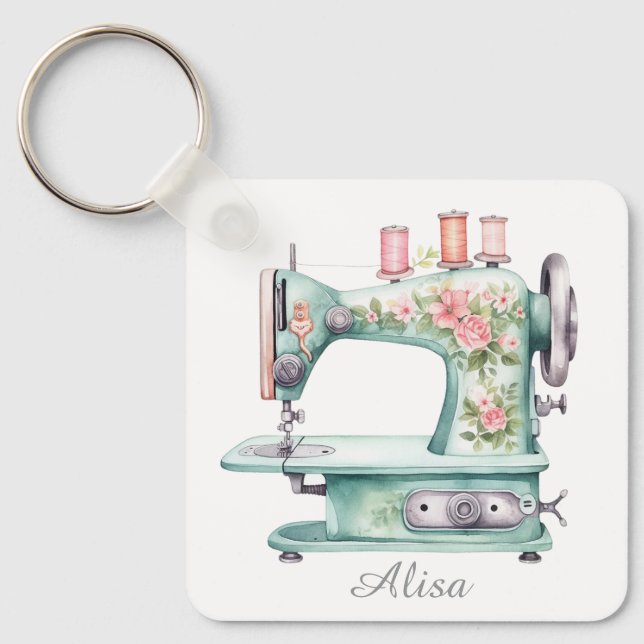 Porte-clés Blue Floral Sewing Machine Keychain  (Recto)