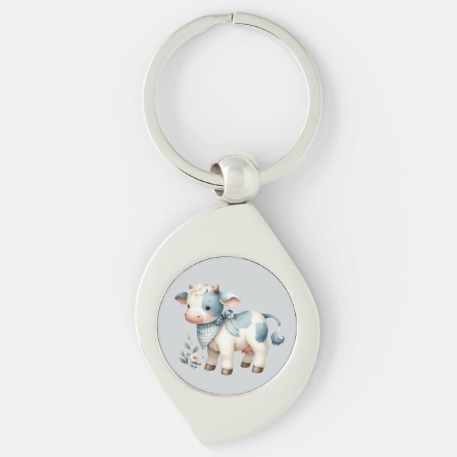Porte-clés Blue Gingham Baby Cow Pastel Farm Aesthetic (Devant)