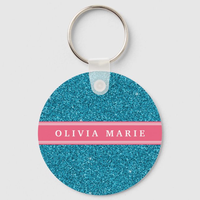 Porte-clés Blue Glitter (faux) Pink Personalized Name (Recto)
