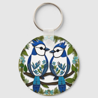 Porte-clés Blue Jay Birds Papier Art