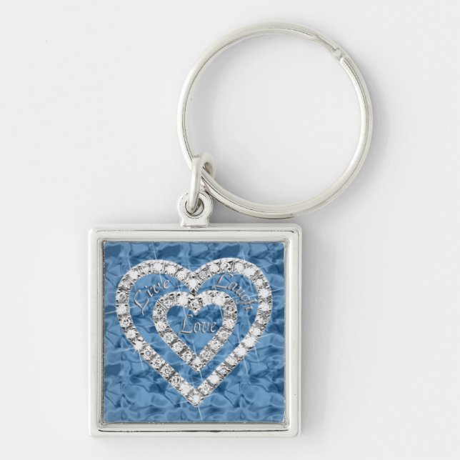 Porte-clés Blue Square Live Laugh Love Diamond Heart Keychain (Devant)