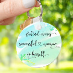 Porte-clés Blue Watercolor Successful Woman Quote Typography<br><div class="desc">“Behind every successful woman is herself.” So who needs Prince Charming? Make your own “happily ever after” and embrace “girl power” whenever you use this stylish, colorful inspirational feminist acrylic keychain with sweet black handwritten script typography overlaying an aqua turquoise blue green ombre watercolor splash. This keychain comes in small...</div>