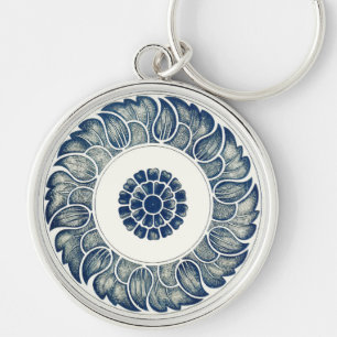 Porte-clés Blue White Floral Chinese Round