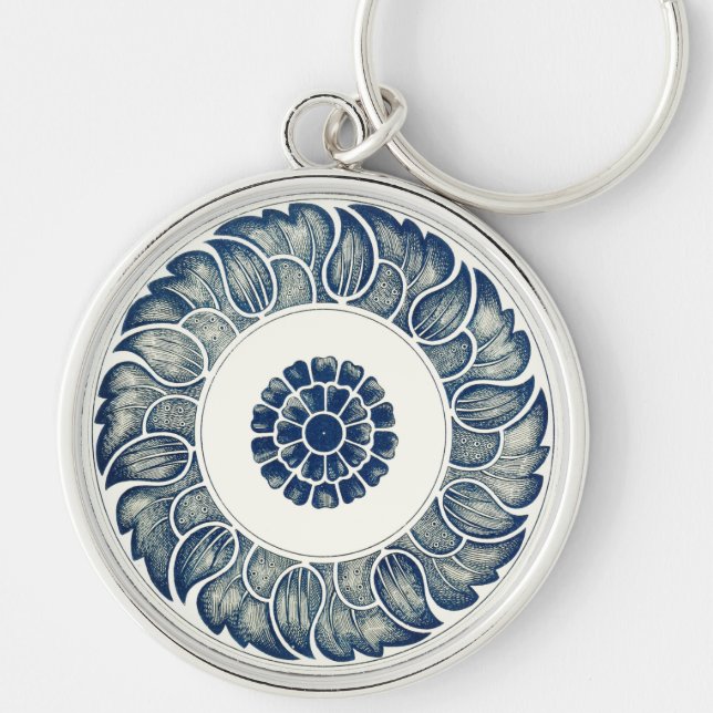 Porte-clés Blue White Floral Chinese Round (Devant)