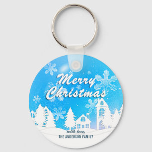 Porte-clés Blue White House Snowflakes Noël Bonne année