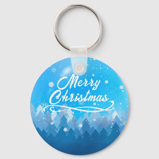 Porte-clés Blue White Snow Peaceful Forest Merry Christmas  (Recto)